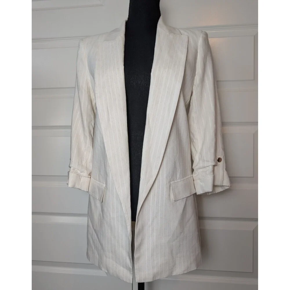 NWOT Zara Size S Open Front Blazer Ivory Pinstripe Linen-Blend Oversized Sleek